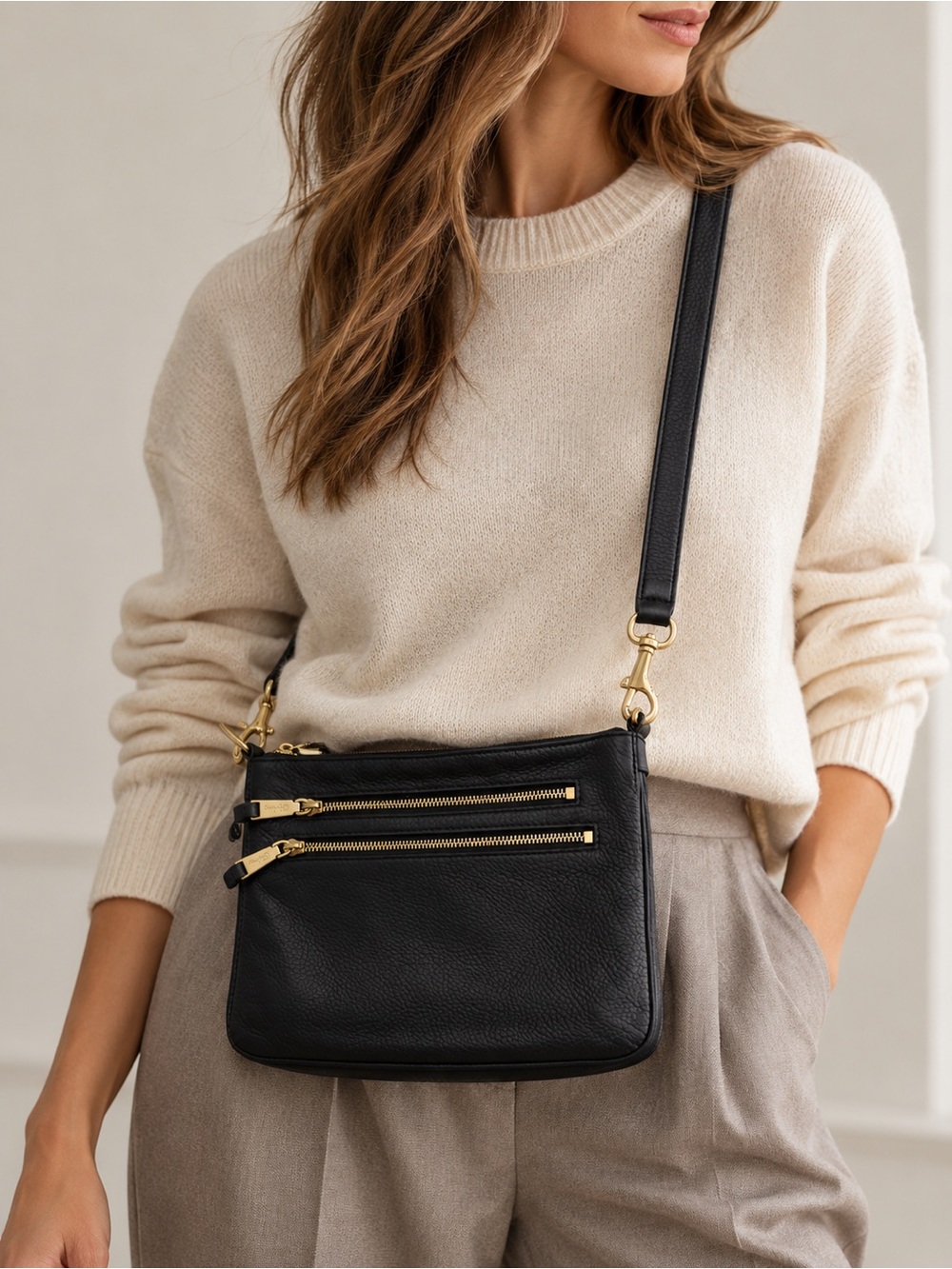 Cole Haan Black Pebbled Leather Double Zip Crossbody Bag Gold Hardware travel